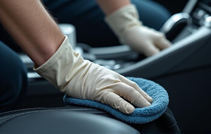 Technician carefully polishing a car's interior