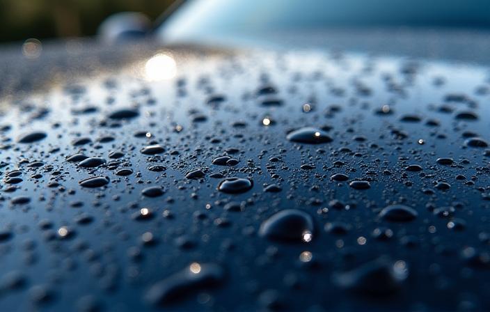 Close-up of water beading on a ceramic coated car hood